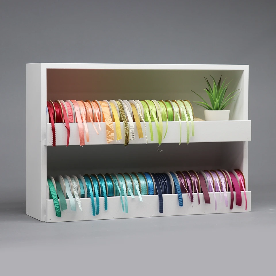 20-inch two-row Ribbon Shelf holding a colorful ribbon collection