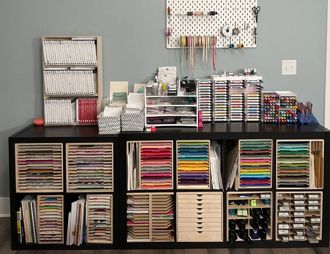Kristy's craft room with Stamp-n-Storage Paper Holders in 12x12, 8.5x11, and 6x6 sizes