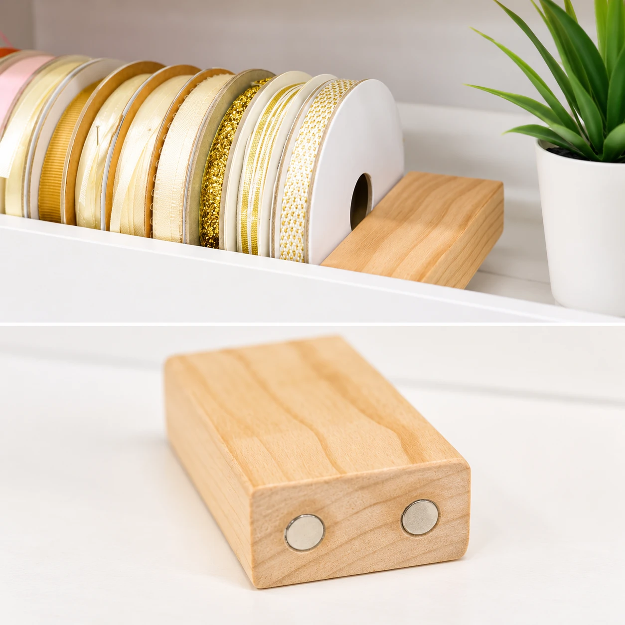 Magnetic support block holding ribbon spools in place on a Ribbon Shelf