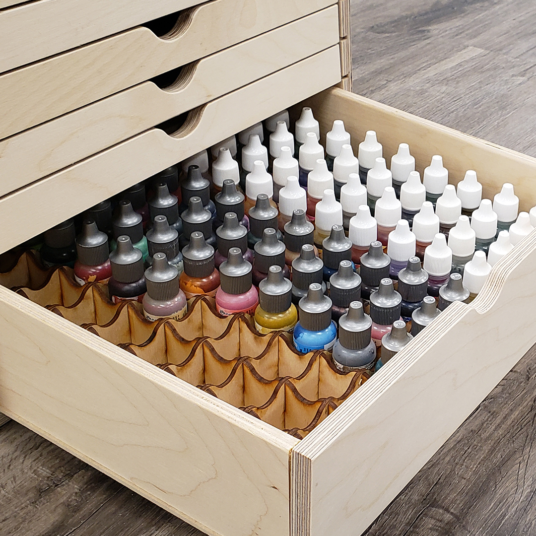 Grid Storage System holding refill ink bottles and Nuvo Crystal Drops in Stamp-n-Storage Drawer Cabinet