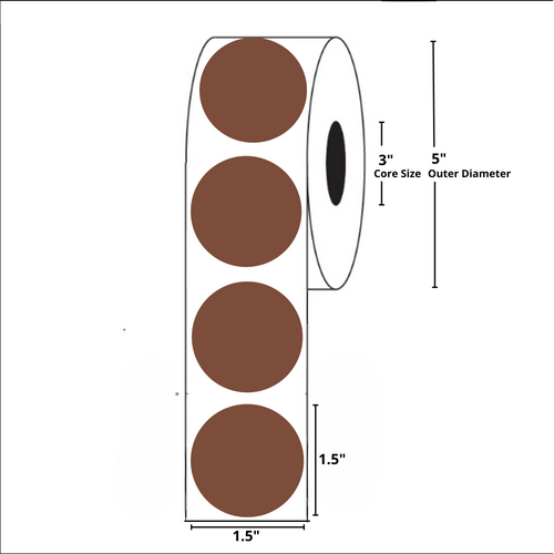 1.5 inch Diam. Circle Floodcoated Brown Thermal Transfer Label Rolls 3" Core