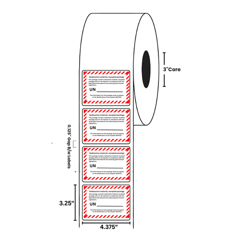 4.375" x 3.25" "Radioactive Material, Excepted" Label, Paper, 500 Labels Per Roll