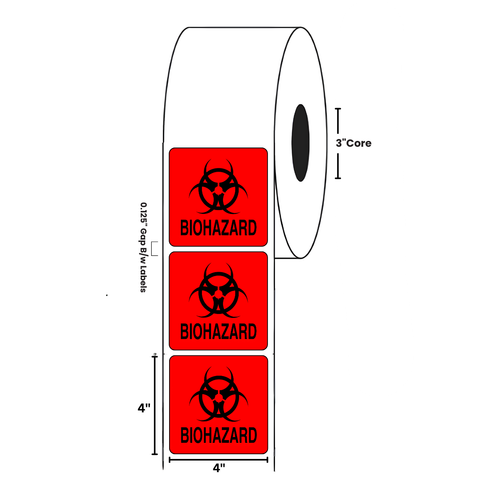 4" x 4" "Biohazard" Label, Paper, 500 Labels Per Roll