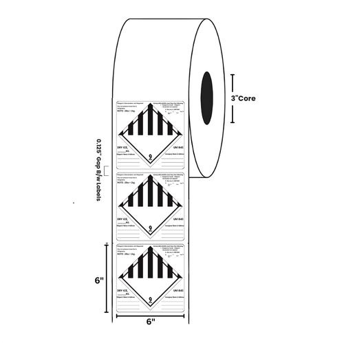 6" x 6" "Dry Ice" Label, Paper, 500 Labels Per Roll