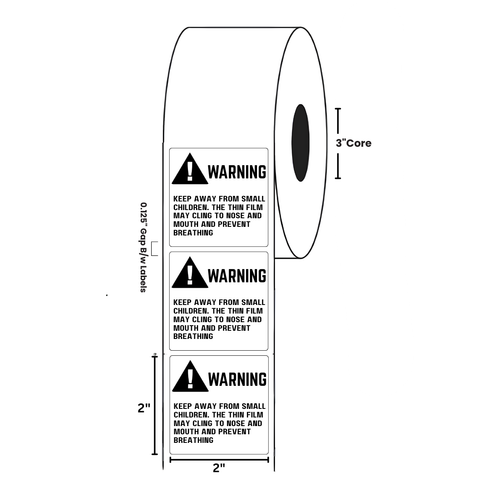 2" x 2" "Suffocation Warning" Label, Paper, 500 Labels Per Roll