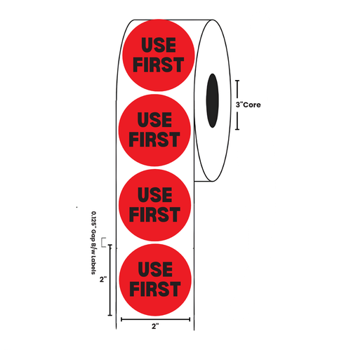 2" Diameter, "Use First" Circle Label, Paper, 500 Labels Per Roll