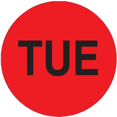 2" Diameter, "Tuesday" Circle Label, Paper, 500 Labels Per Roll