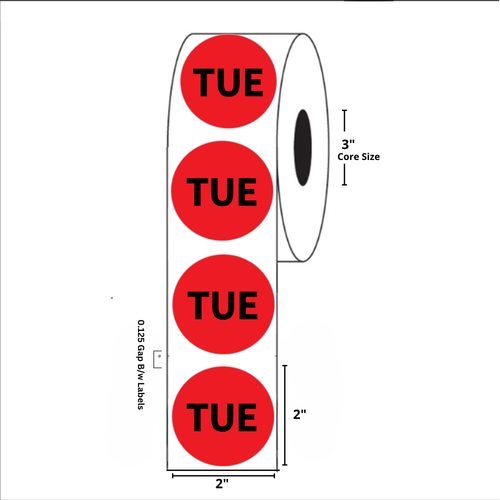 2" Diameter, "Tuesday" Circle Label, Paper, 500 Labels Per Roll