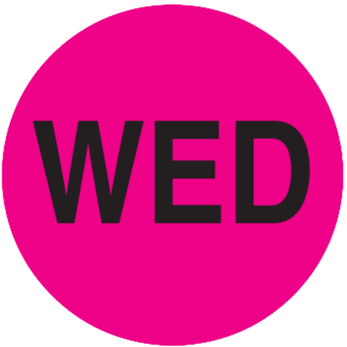2" Diameter, "Wednesday" Circle Label, Paper, 500 Labels Per Roll
