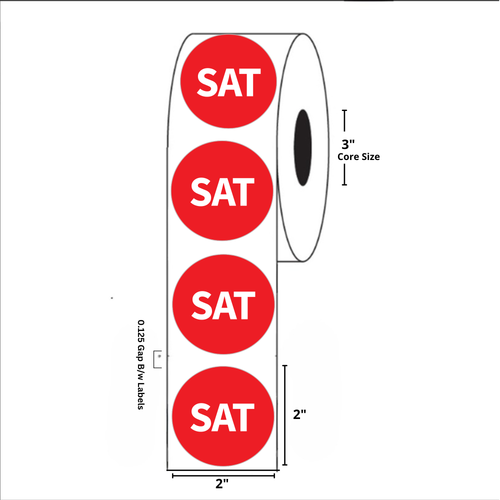 2" Diameter, "Saturday" Circle Label, Paper, 500 Labels Per Roll