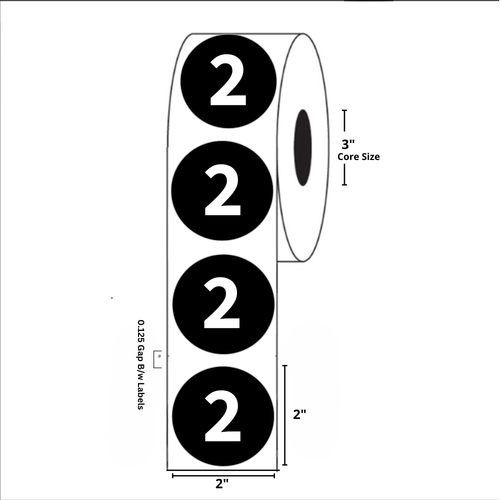 2" Diameter, "Two" Circle Label, Paper, 500 Labels Per Roll