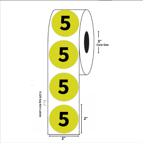 2" Diameter, "Five" Circle Label, Paper, 500 Labels Per Roll