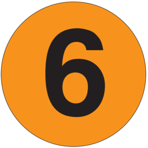 2" Diameter, "Six" Circle Label, Paper, 500 Labels Per Roll
