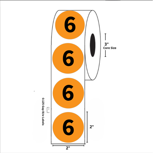 2" Diameter, "Six" Circle Label, Paper, 500 Labels Per Roll