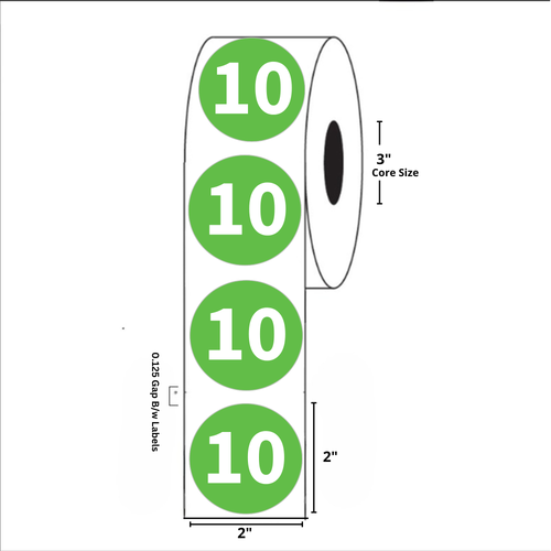 2" Diameter, "Ten" Circle Label, Paper, 500 Labels Per Roll