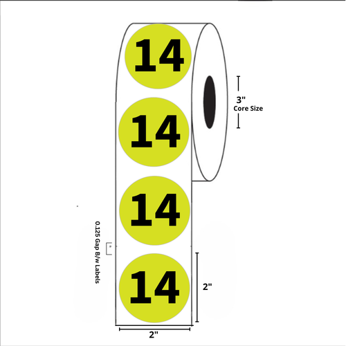 2" Diameter, "Fourteen" Circle Label, Paper, 500 Labels Per Roll