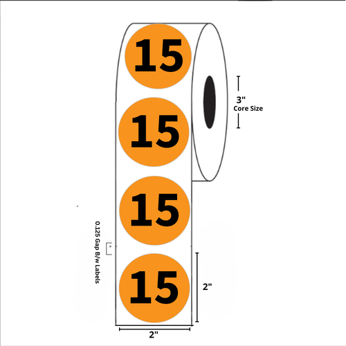 2" Diameter, "Fifteen" Circle Label, Paper, 500 Labels Per Roll