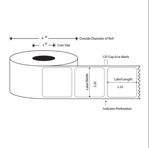 2.25x1.25 White Removable Adhesive Direct Thermal Label Rolls 1" Core