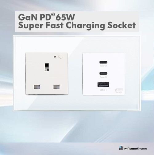 13 Amp UK Socket with 65 Watt 3 Port USB Fast Charger 13 Amp UK Socket with 65 Watt 3 Port USB Fast Charger