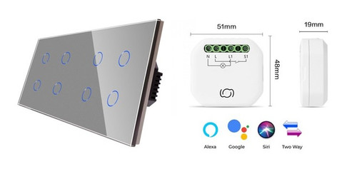 8 Gang Smart Wi-Fi Switch No Neutral Silver with Smart Inline Dimmer 8 Gang Smart Wi-Fi Switch No Neutral Silver with Smart Inline Dimmer