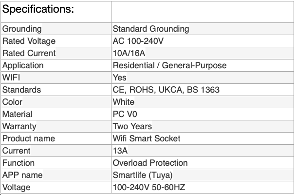 Wifi Smart Plug Specifications BS-1363