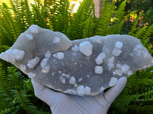Apophyllite Mineral Specimen with distinctive translucent crystals mix on gray chalcedony- Rare Collectible
