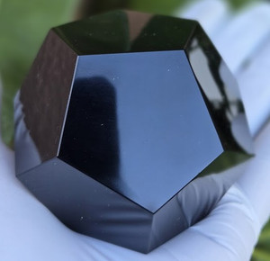 Black Obsidian Carved Geometric Dodecahedron (60-65mm), 12 Faces, Large Decorative Collectible