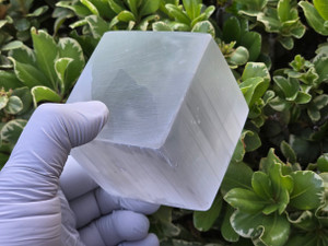 Selenite Polished Crystal Cube "Stone of light" Large ( 65 x 60 mm; 566+ gm) Satin Spar With See Through Fiber-Optic Effect Collectable Decorative Healing Crystal
