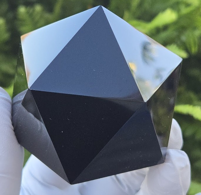 Black Obsidian Carved Geometric Icosahedron (70 mm), 20 Triangular Faces, Large Decorative Collectible