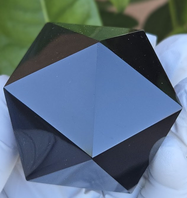 Black Obsidian (Large 70-75 mm) Carved Geometric Icosahedron, 20 Triangular Faces, Large Decorative Collectible