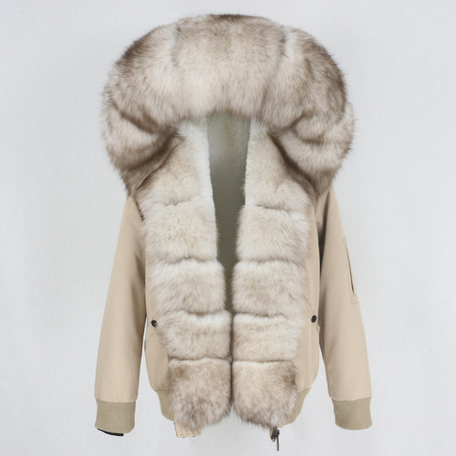 Color: Khaki White Spray Tip, Size: XS - Parka Thick Raccoon Fur Liner Jacket Fur