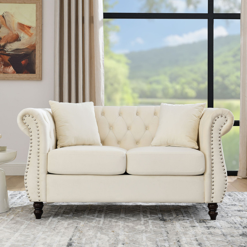  Chesterfield Sofa Beige Velvet for Living Room