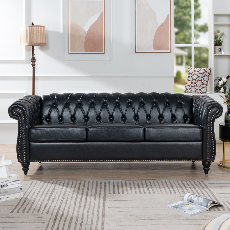  BLACK PU Rolled Arm Chesterfield Three Seater Sofa.