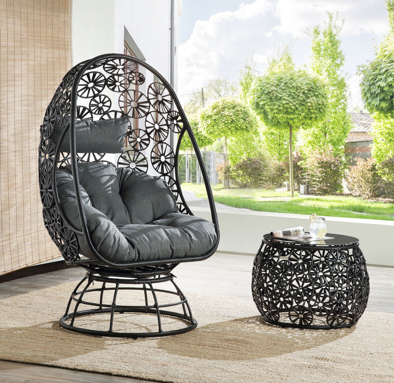 ACME Hikre Patio Lounge Chair & Side Table, Clear Glass, Charcaol Fabric & Black Wicker