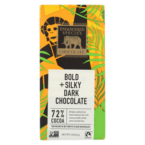 Endangered Species Natural Chocolate Bars - Dark Chocolate - 72 Percent Cocoa - 3 Oz Bars - Case Of 12