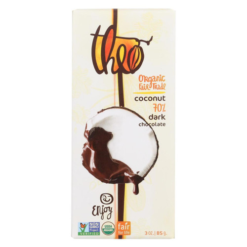 Theo Chocolate Organic Chocolate Bar - Classic - Dark Chocolate - 70 Percent Cacao - Coconut - 3 Oz Bars - Case Of 12