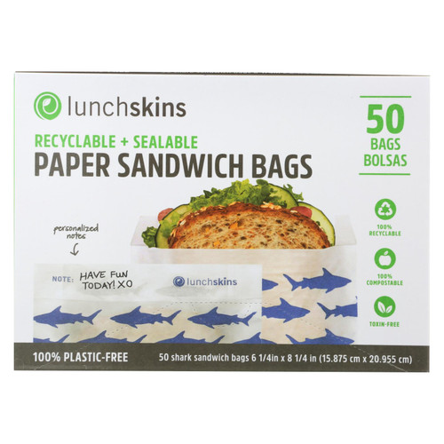 Lunchskins - Recyclable And Sealable Paper Sandwich Bags - Shark - Case Of 12 - 50 Count