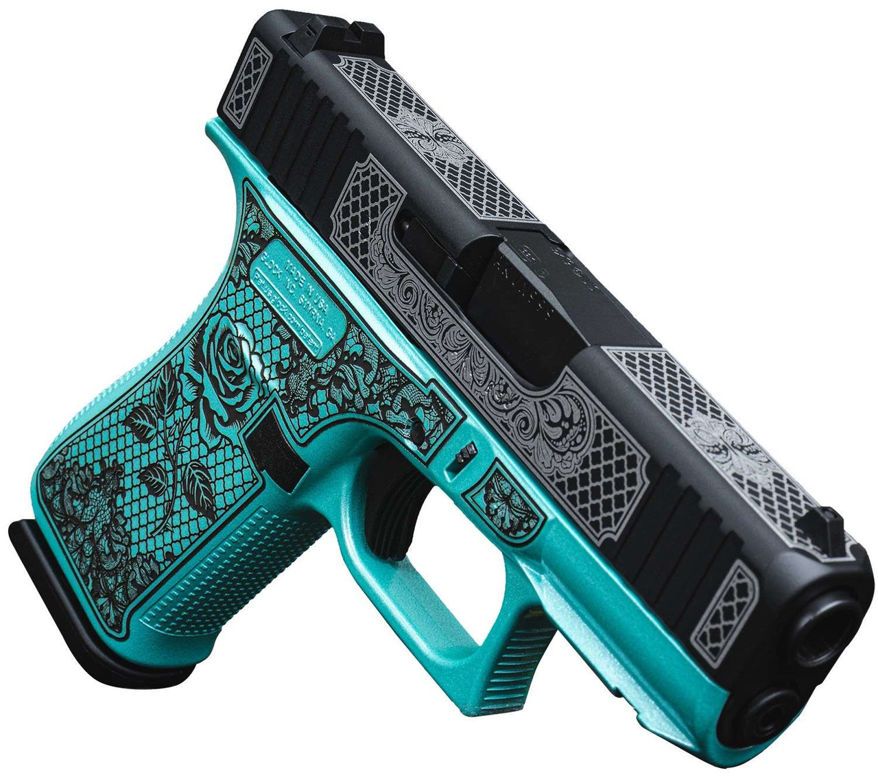 GLOCK 43X BLACK WHITE SCROLL CERAKOTE, TIFFANY BLUE, 9MM, 10RD