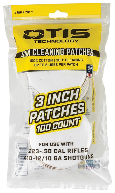 OTIS 3" CLEANING PATCHES 100CT, .223-.50CAL RIFLES AND .410-12/10GA SHOTGUNS