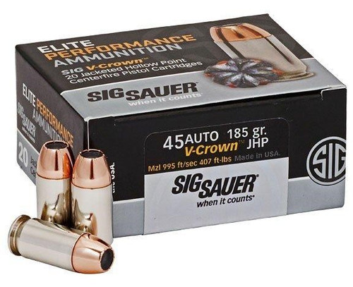 SIG SAUER ELITE V-CROWN 45ACP, 185GR JACKETED HOLLOW POINT 20RDS