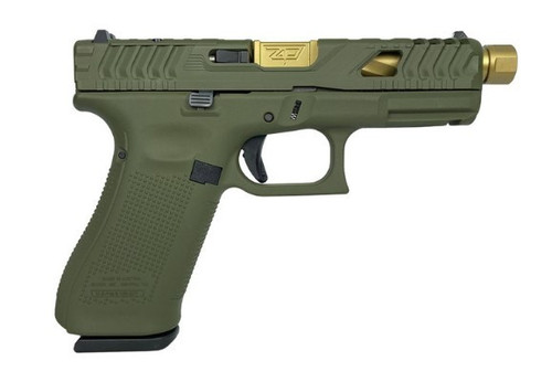 GLOCK 45 GEN 5 CUSTOM 9MM, 4.6" THREADED GOLD BARREL, OD GREEN, 17rd