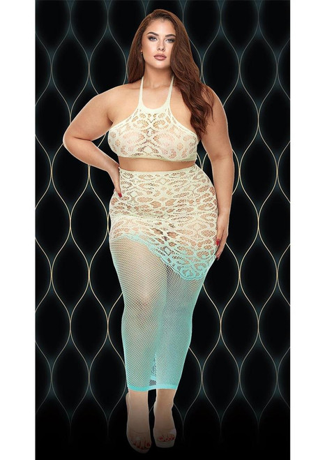LAPD-LC130XYELLOW/MINT GREEN Q GREEN GODDESS CROP TOP & SKIRT W/OMBRE FADE