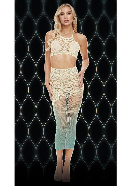 LAPD-LC130YELLOW/MINT GREEN O/S GREEN GODDESS CROP TOP & SKIRT W/OMBRE FADE