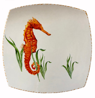 Set of Two Hand Painted Seahorse Large Square Plates