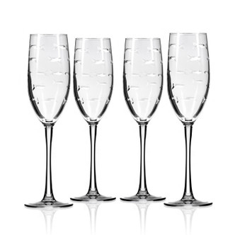 Set of Four Engraved School of Fish Stemmed Flute Glasses Set of Four Engraved School of Fish Stemmed Flute Glasses