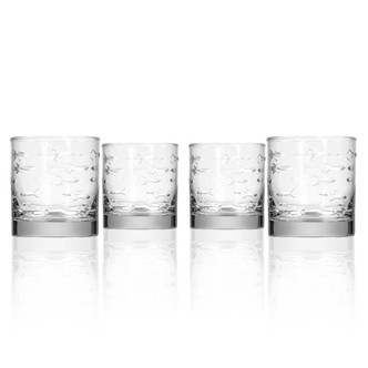 Set of Four Engraved School of Fish Rocks Glasses Set of Four Engraved School of Fish Rocks Glasses