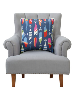 Lake Lures Bright Printed Pillow in chair Lake Lures Bright Printed Pillow in chair