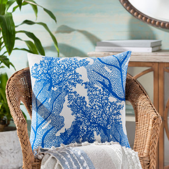 Royal Blue Sea Coral Cottage Pillow on a chair Royal Blue Sea Coral Cottage Pillow on a chair