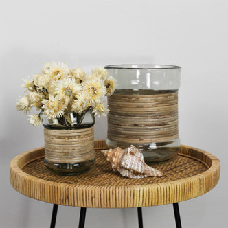 Cayman Rattan Round Accent Table with wrapped vases