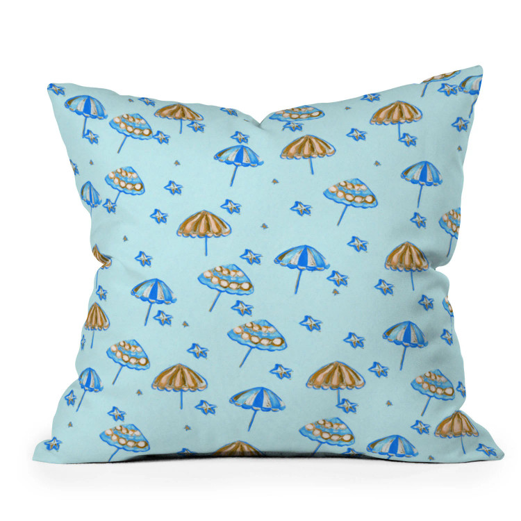 Light Blue Beach Umbrellas and Starfish Indoor-Outdoor Pillow